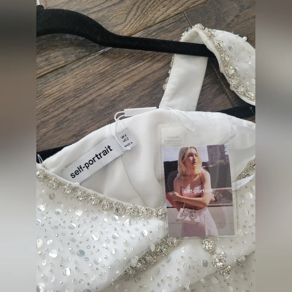 Self Portrait White Beaded Sequin V-neck Mini Dress - Picture 5 of 6